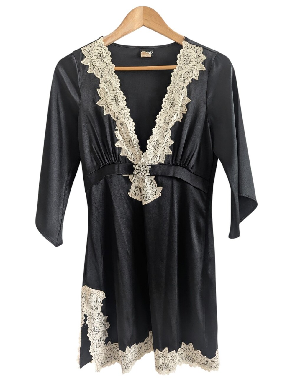 Frederick's of Hollywood Black Satin Chemise with Creme Lace Rhinestone Brooch